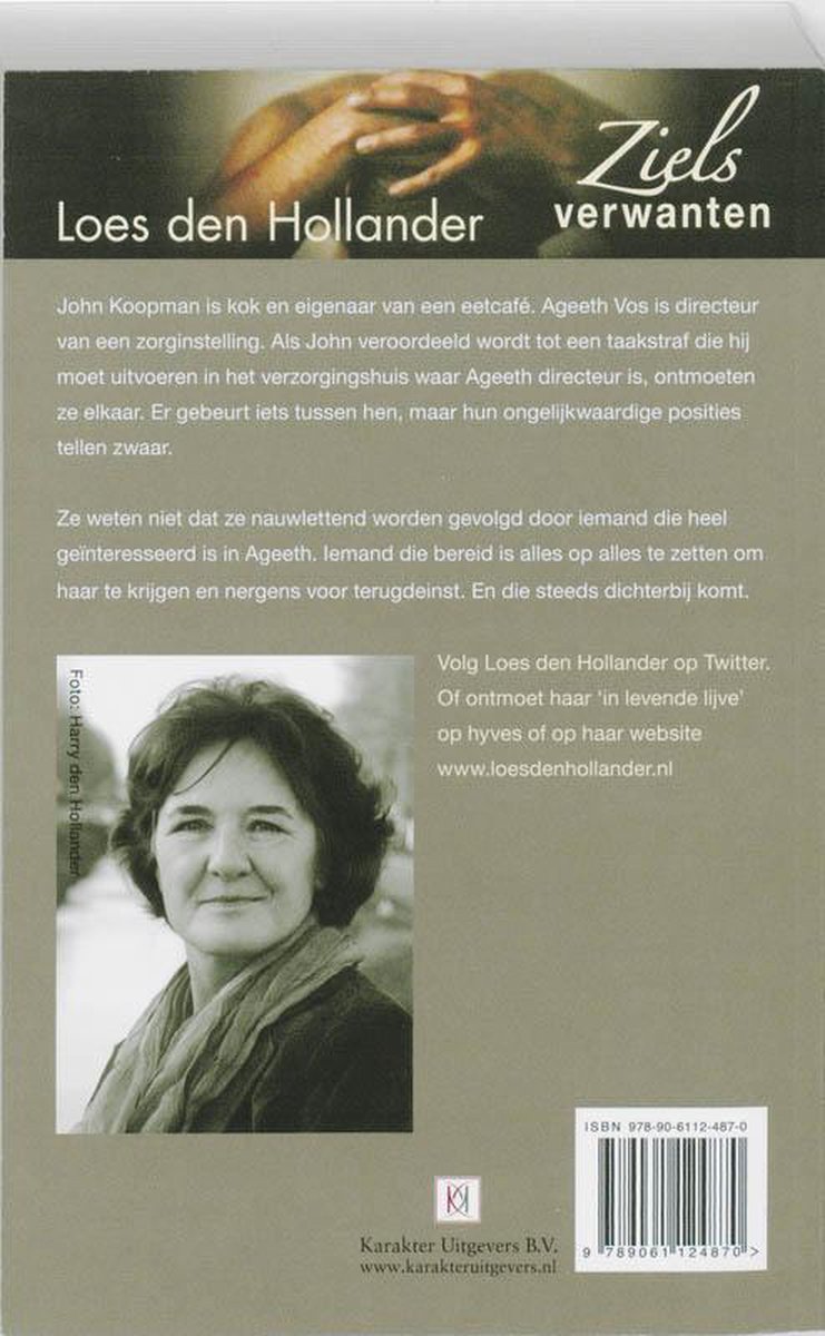 Portret van Loes den Hollander, schrijfster met sjaal om, met tekst 'Zielsverwanten' en 'Literaire thriller'.