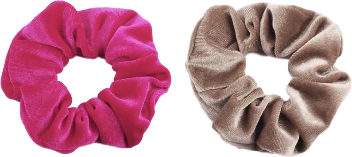 Scrunchie 2 stuks Velvet Extra Vol en Luxe Felroze Lichtbruin - haarwokkel haarelastiek - scrunchies - Kraagjeskopen.nl