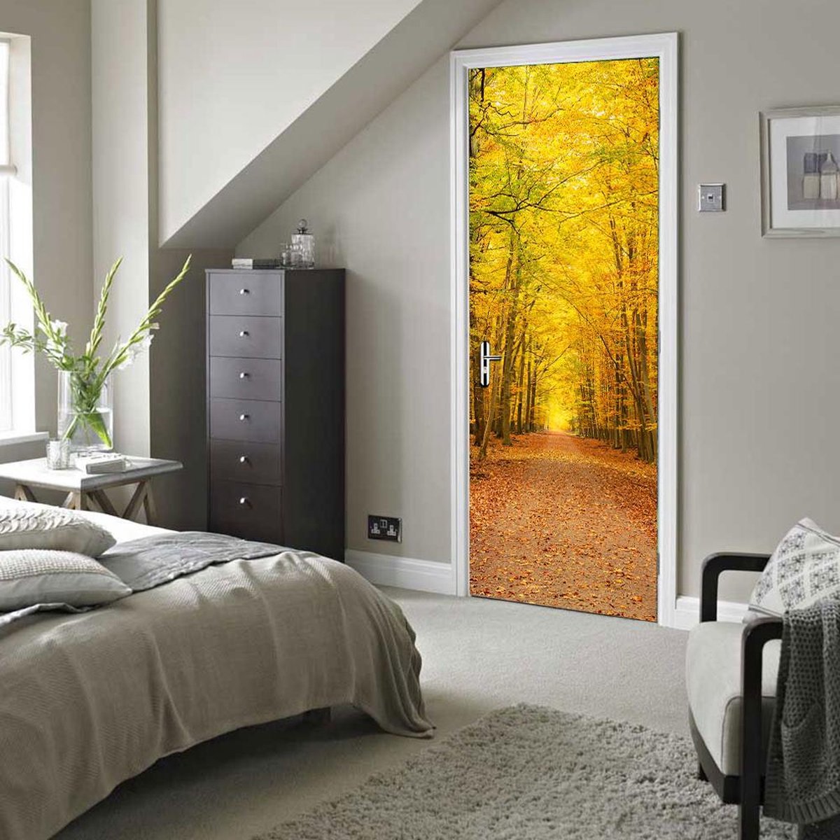 Walplus - Deur Decoratie Sticker - Bladverliezende Bomen - Geel/Oranje