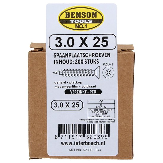 Benson Tools Spaanplaatschroeven 200 Stuks Verzinkt – 3.0x25mm | Spaanplaat Schroeven voor Verwerking in Dragende Houtconstructies - Benson