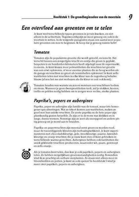 Pagina met informatie over tomaten, paprika's, pepers en aubergines uit 'Moestuinen Voor Dummies'.