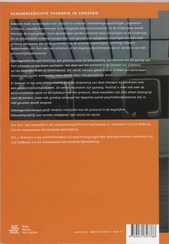 Achterkant van het boek Schemagerichte therapie in groepen met een oranje rand en een toelichting op de tekst.
