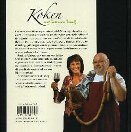 Man en vrouw, beiden lachend, met worst en een glas wijn. Achtergrond met tekst.