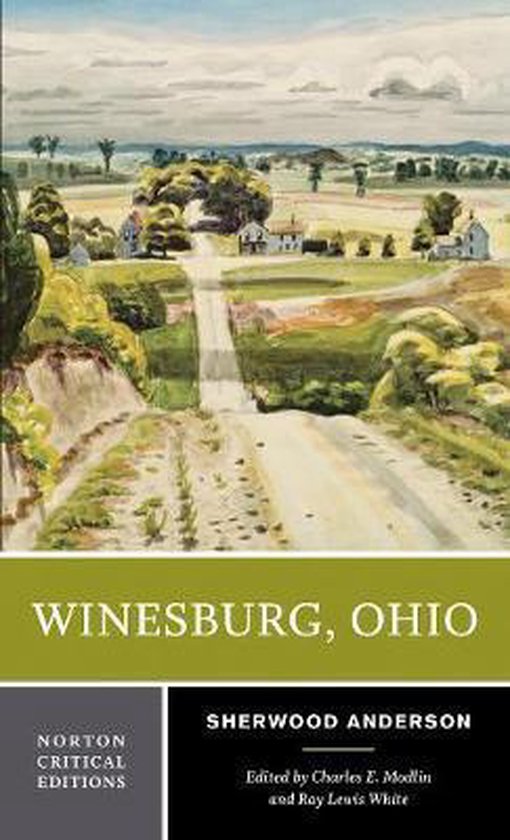Boekomslag van Winesburg, Ohio, met een schilderachtige weergave van een landweg die naar een klein dorp leidt.