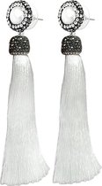 Zoetwater parel oorbellen Bright Pearl White Tassel - oorstekers - echte parels - wit - zwart - zilver - stras steentjes - kwastje