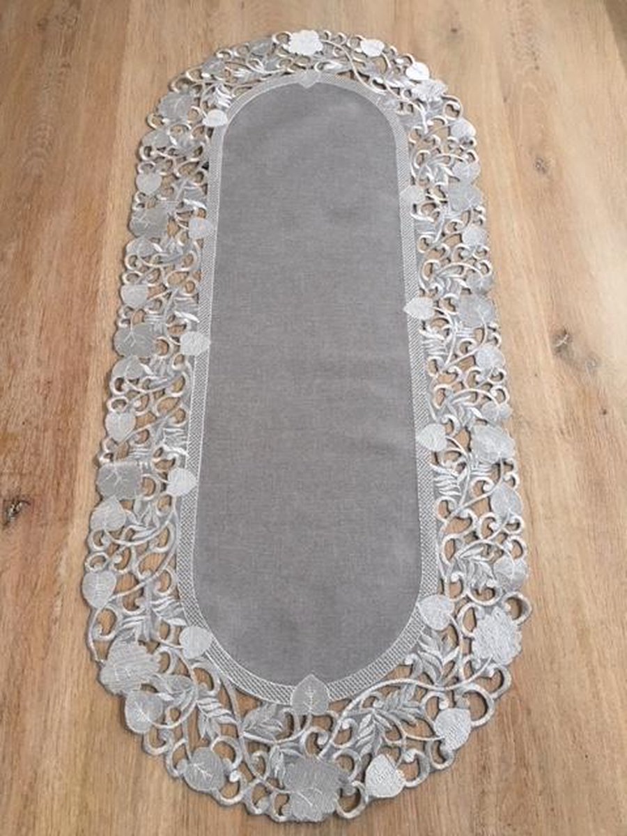 Tafelkleed Linnen licht Grijs met blaadjes - Loper 45 cm