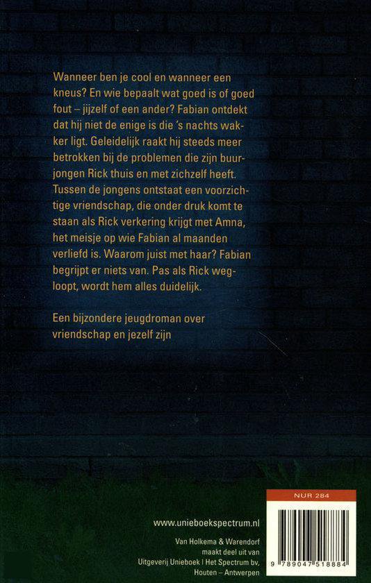 Achterkant van een boek met een donkerblauwe bakstenen muur en tekst.