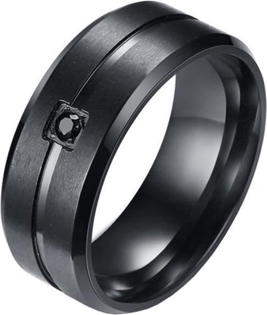 bol.com | Zwarte stalen heren ring met steen-21.5mm