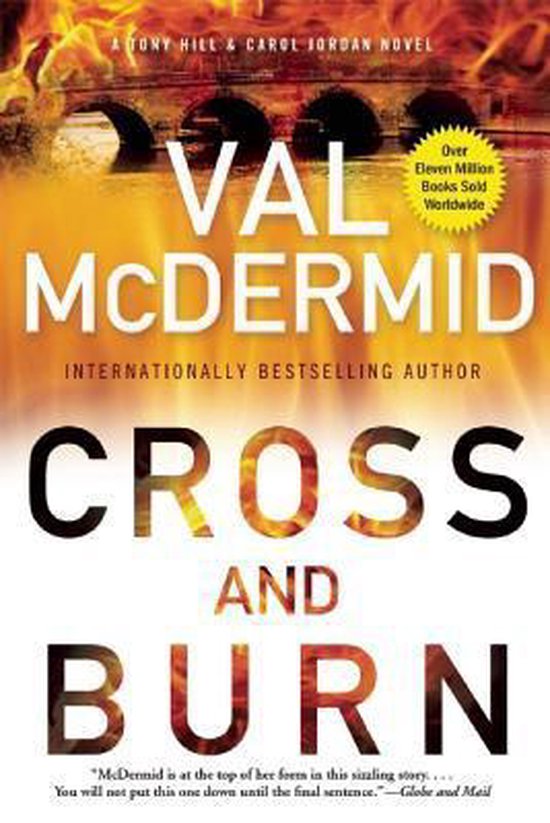 Boekomslag van "Cross and Burn" door Val McDermid, met vlammen en een brug.