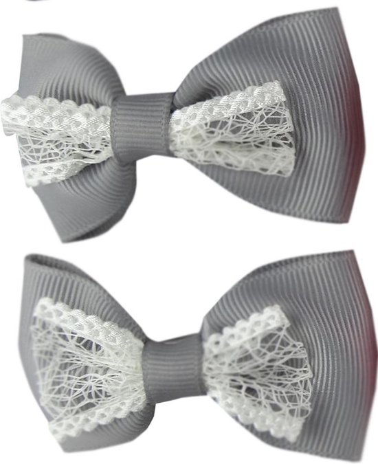 Foto: Jessidress baret meisje haarclip met haarstrikje met kant grijs