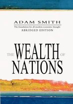 Livre "The Wealth of Nations" par Adam Smith, avec une couverture abstraite bleue, jaune et orange.