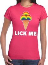 Gay pride lick me t-shirt roze met tekst en regenboog ijsbolletjes voor dames - lgbt kleding M