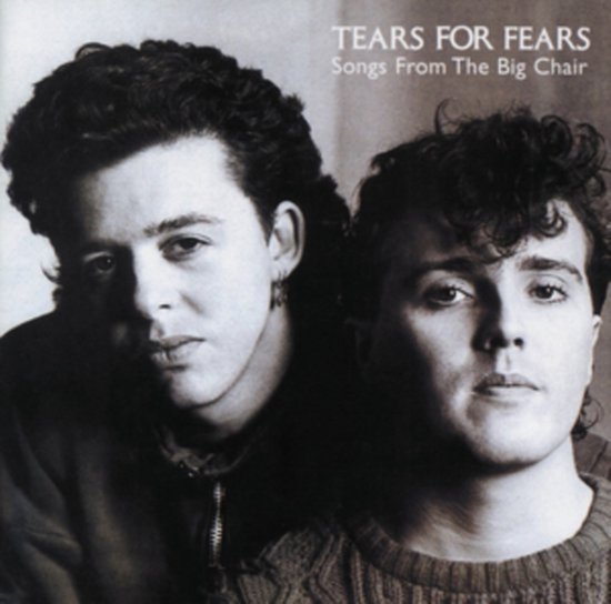 Albumhoes met zwart-wit portret van twee mannen en de tekst "TEARS FOR FEARS Songs From The Big Chair".