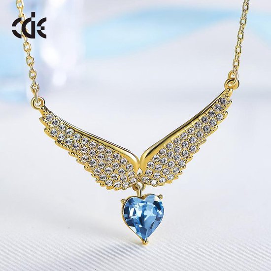 Blauwe Swarovski Hart Met 14 Karaat Goude Engel Vleugels Pendant Hanger