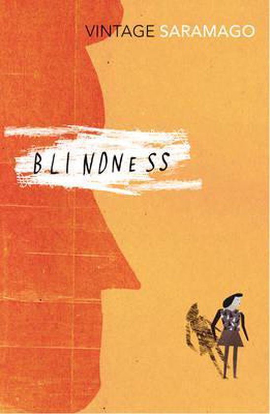 Boekomslag van Blindness met oranje en gele tinten, tekst en een silhouet.