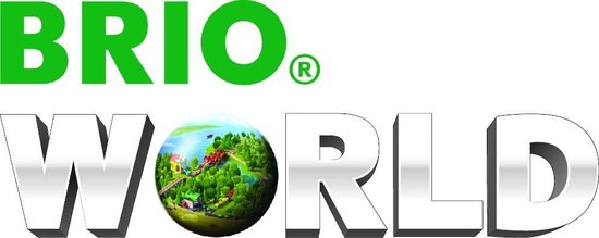 BRIO WORLD logo met een wereldbol met een groen landschap en treintjes.