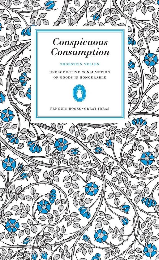 Livre intitulé "Conspicuous Consumption" en bleu sur fond blanc avec un motif floral bleu et gris.