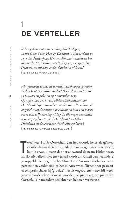 Hoofdstuk 1, 'De verteller'. Tekst over de geboorte van Huub Oosterhuis in 1933.