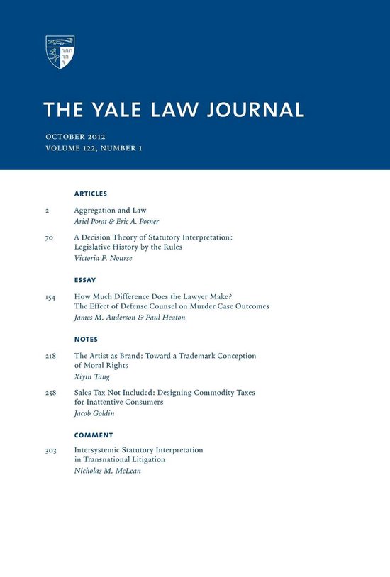 Yale Law Journal: Volume 122, Number 1 - October 2012 - cover