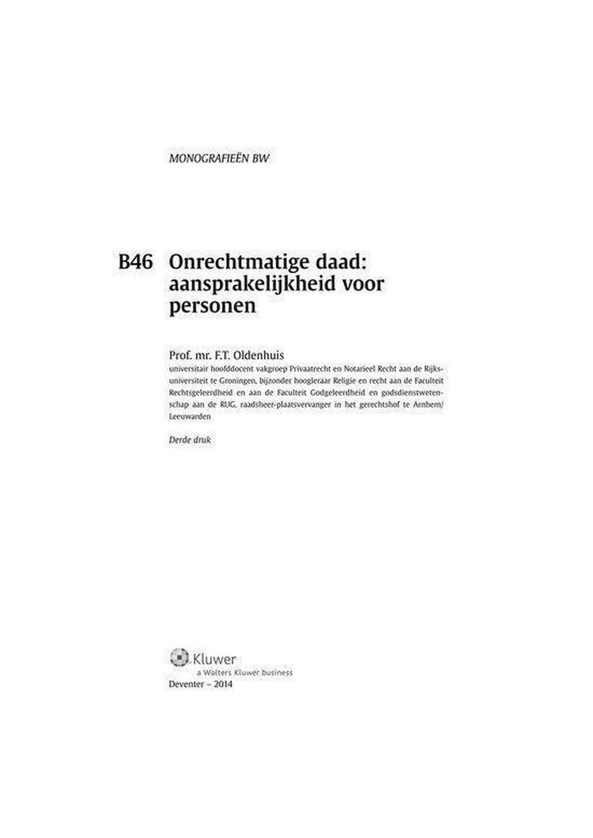 Monografieen BW B46 - Onrechtmatige daad: aansprakelijkheid voor personen  |... | bol.com