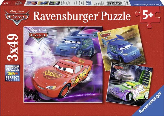 Ravensburger Disney Cars. Op de Racebaan- Drie puzzels van 49 stukjes - kinderpuzzel