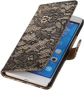 Bloem Bookstyle Wallet Case Hoesjes Geschikt voor Huawei Honor 6 Plus Zwart
