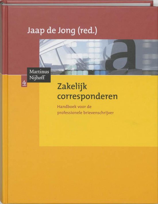 Voorkant van het boek Zakelijk Corresponderen, met rode en gele vlakken. Titel en auteurs prominent.