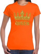 Oranje Koningsdag Queen shirt met gouden glitter kroon dames - Oranje Koningsdag kleding L
