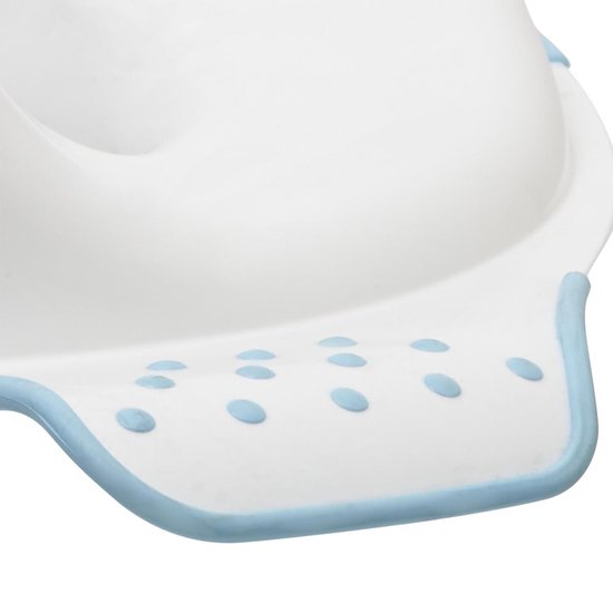 Gedetailleerd zicht op de lichtblauwe, ronde noppen op de gripstukken van een witte wc-verkleiner.