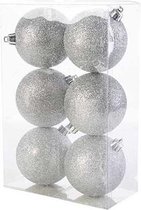 6x Zilveren kunststof kerstballen 8 cm - Glitter - Onbreekbare plastic kerstballen - Kerstboomversiering zilver