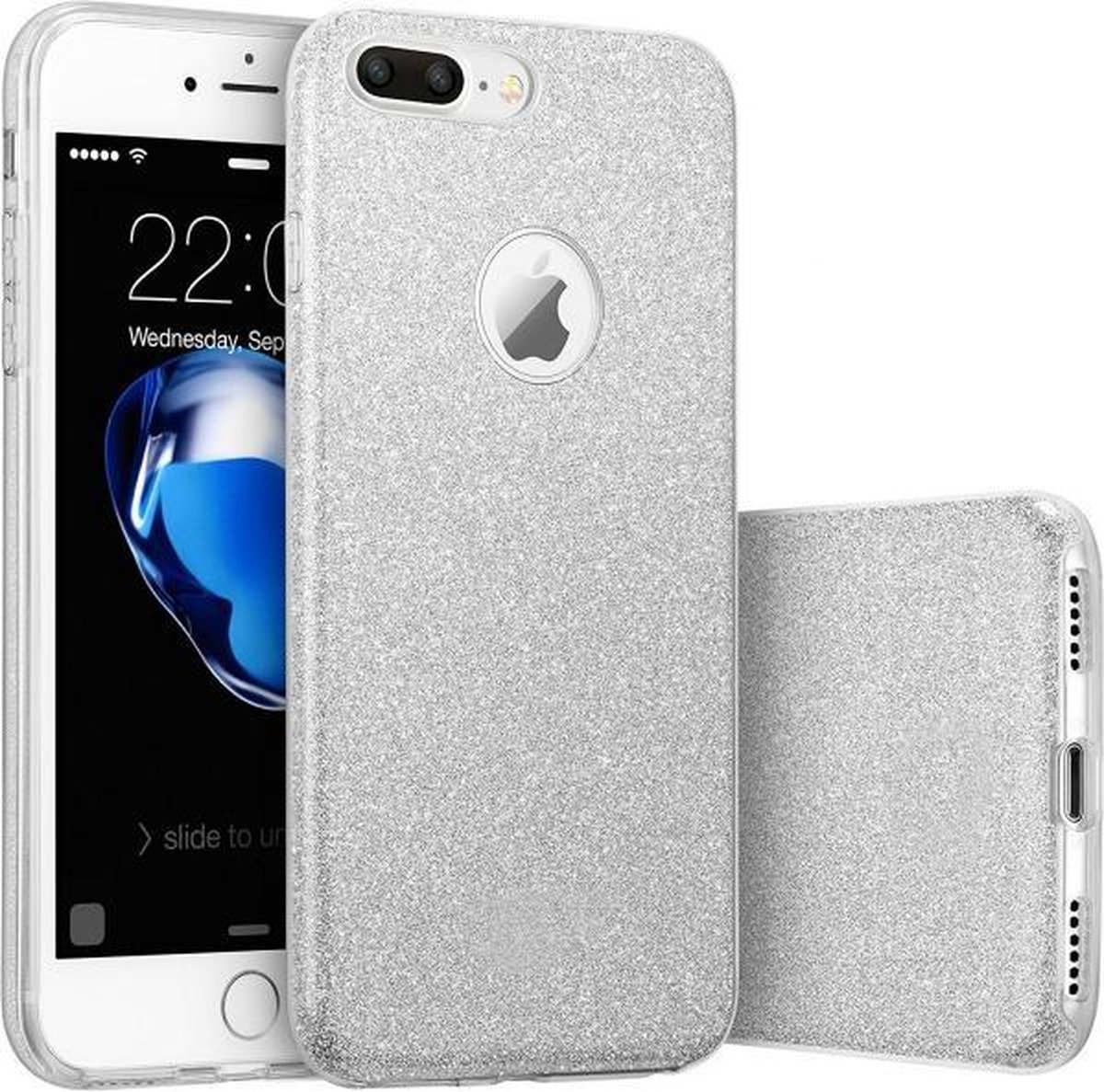 HB Hoesje Geschikt voor Apple iPhone 7 Plus / 8 - Plus - Zilver - Glitter Back Cover