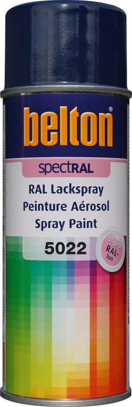 Spuitbus van Belton Spectral RAL Lack-spray, Kleur 5022 Nachtblauw. Achtergrond toont kleurengradient van groen naar oranje. "Original RAL-Ton" is zichtbaar.