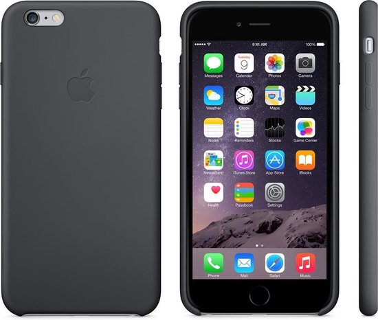 Donkergrijs Apple iPhone 6/6S Plus siliconen hoesje, met Apple logo. Telefoon met wit scherm en app-icoontjes.