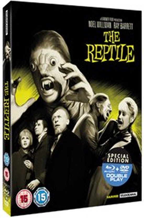 The Reptile Blu-Ray cover: monster met schubben, vier mensen, gele achtergrond.