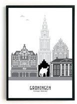 Skyline-poster Groningen zwart-wit in Kunststof Fotolijst