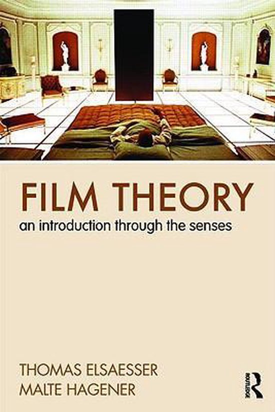 Boekomslag voor 'Film Theory: an introduction through the senses' door Thomas Elsaesser & Malte Hagener. Bovenste helft toont een futuristische kamer met een man die op zijn buik ligt op een bed.