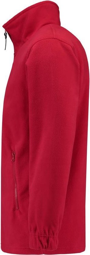 Rood fleecevest met rits en zakken, zij-aanzicht.