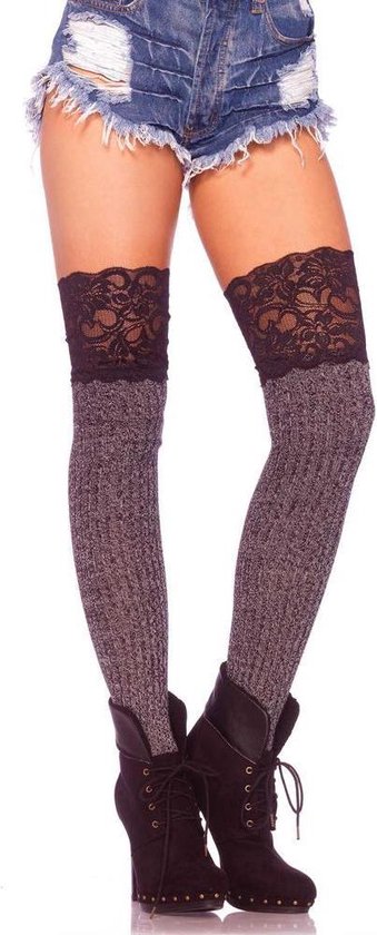 Hoge overknee gebreide rib sokken met brede kanten top grijs/zwart - One  size - Leg Avenue | bol.com