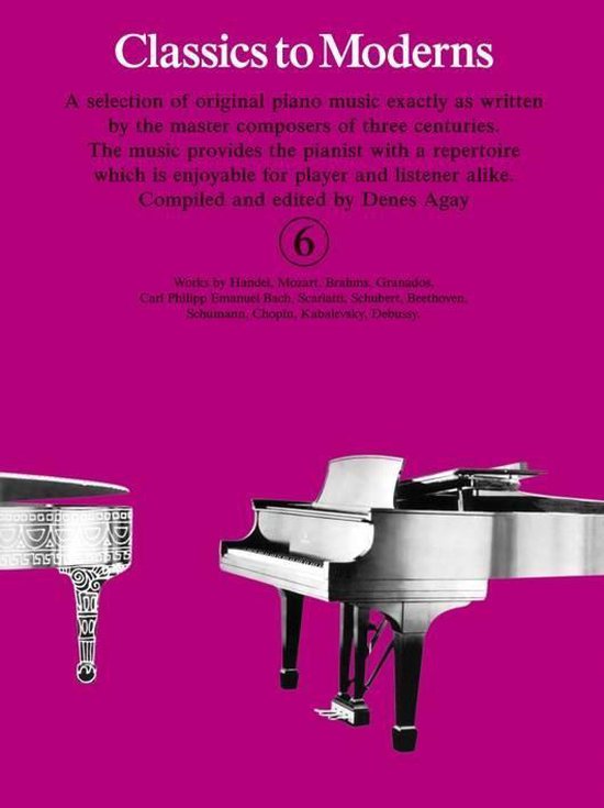 Couverture de livre avec le titre "Classics to Moderns" et une image de piano à queue sur fond rose.