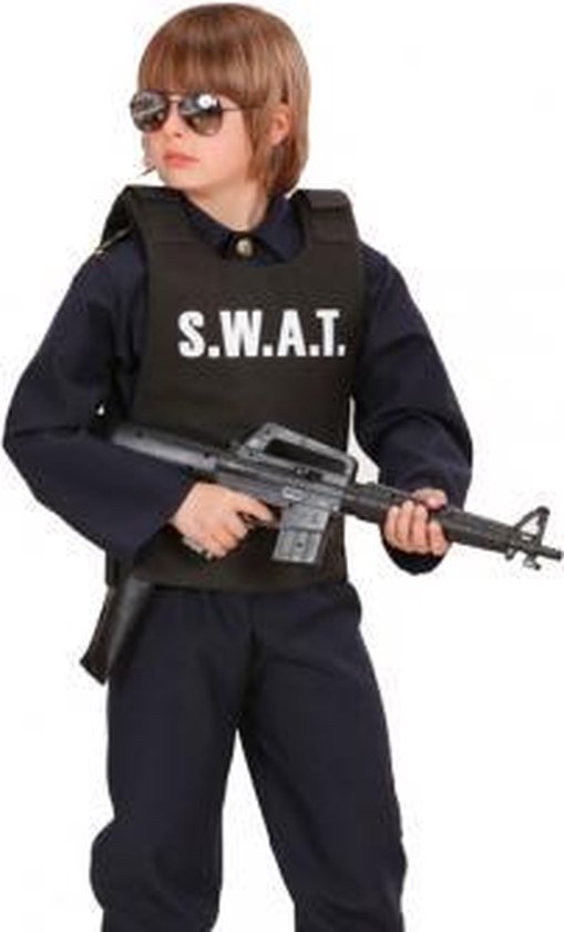 KarnevalsTeufel Costume de carnaval Set SWAT pour enfant casque SWAT police 4 pièces Gilet SWAT jouet mitraillette et menottes Style agent FBI pour enquête et sécurité 