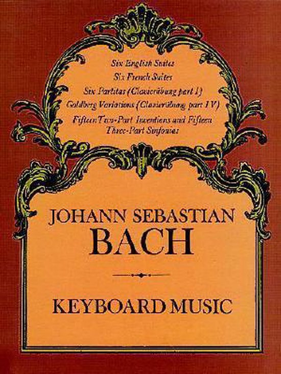 Boekomslag met oranje achtergrond, sierlijke zwarte rand en de tekst 'Johann Sebastian Bach Keyboard Music'.