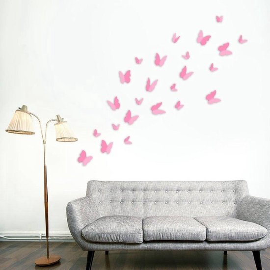 24 stuks 3D vlinders licht roze kleur / Vlinders Muursticker / Muurdecoratie Voor Kinderkamer / Babykamer / Slaapkamer - Vlinder Sticker Lichtroze - Heble