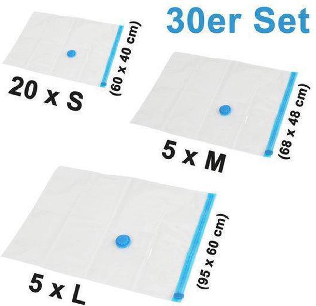 tectake ® 30 Vacuumzakken Set - 3 Groottes (S, M, L) voor Kleding, Beddengoed & Reizen - 75% Plaatsbesparend, Herbruikbaar, Met Tandenloze Druksluiting