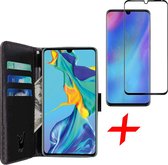 iCall - Huawei P30 Hoesje + Screenprotector Tempered Glass Full Screen - Lederen TPU Book Case Portemonnee Flip Wallet - Zwart