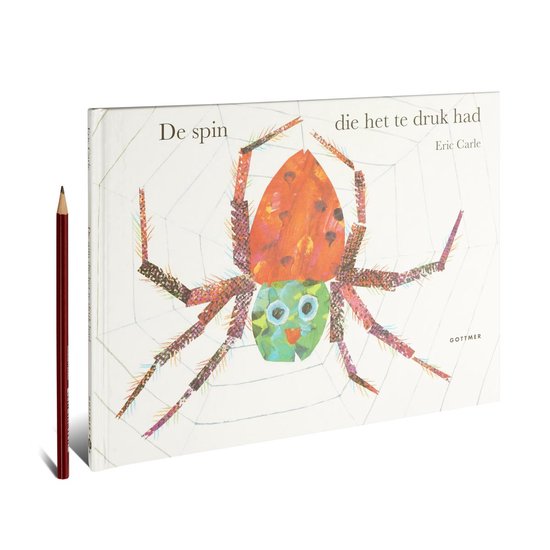 Het boek "De spin die het te druk had" van Eric Carle, met een gekleurde spin.
