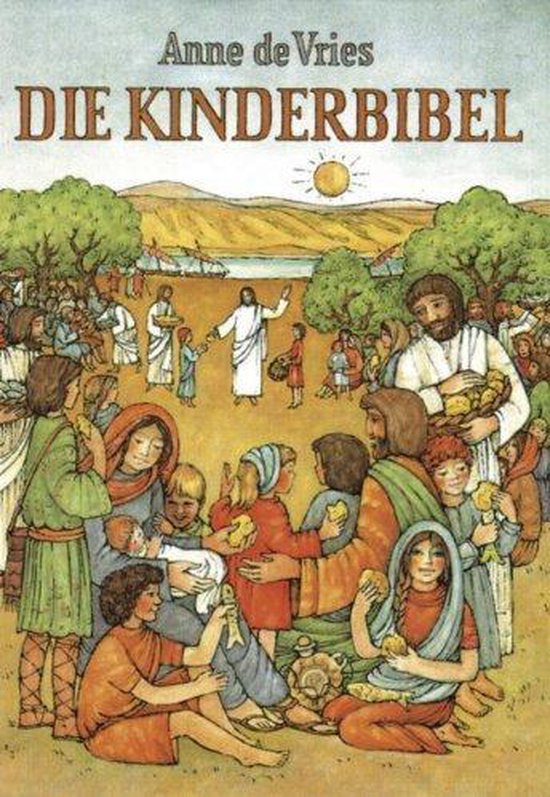 Boekomslag: 'DIE KINDERBIJBEL' met tekening van Jezus die brood deelt met een menigte.