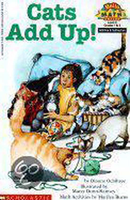 Boek 'Cats Add Up!' met een meisje omringd door verschillende katten.