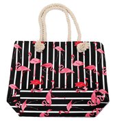 Dielay - Gestreepte Strandtas met Flamingo’s - 43x34 cm - Zwart