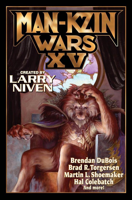 Man-Kzin Wars XV, gecreëerd door Larry Niven. Een katachtig wezen met bruine vacht en gouden pantser zit op een troon. Achtergrond met roze en paarse patronen.