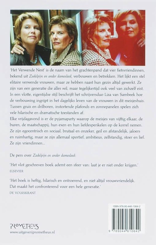 Vier vrouwen, van wie een met een getekend gezicht, gezellig bij elkaar. Getiteld 'Het Verwende Nest'.